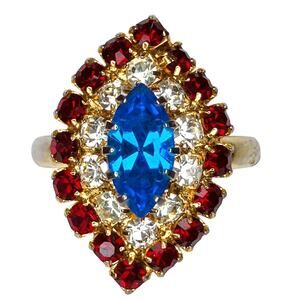 Vintage 60s 70s Cocktail Ring Gold Tone Blue Navette Red Rhinestone Statement